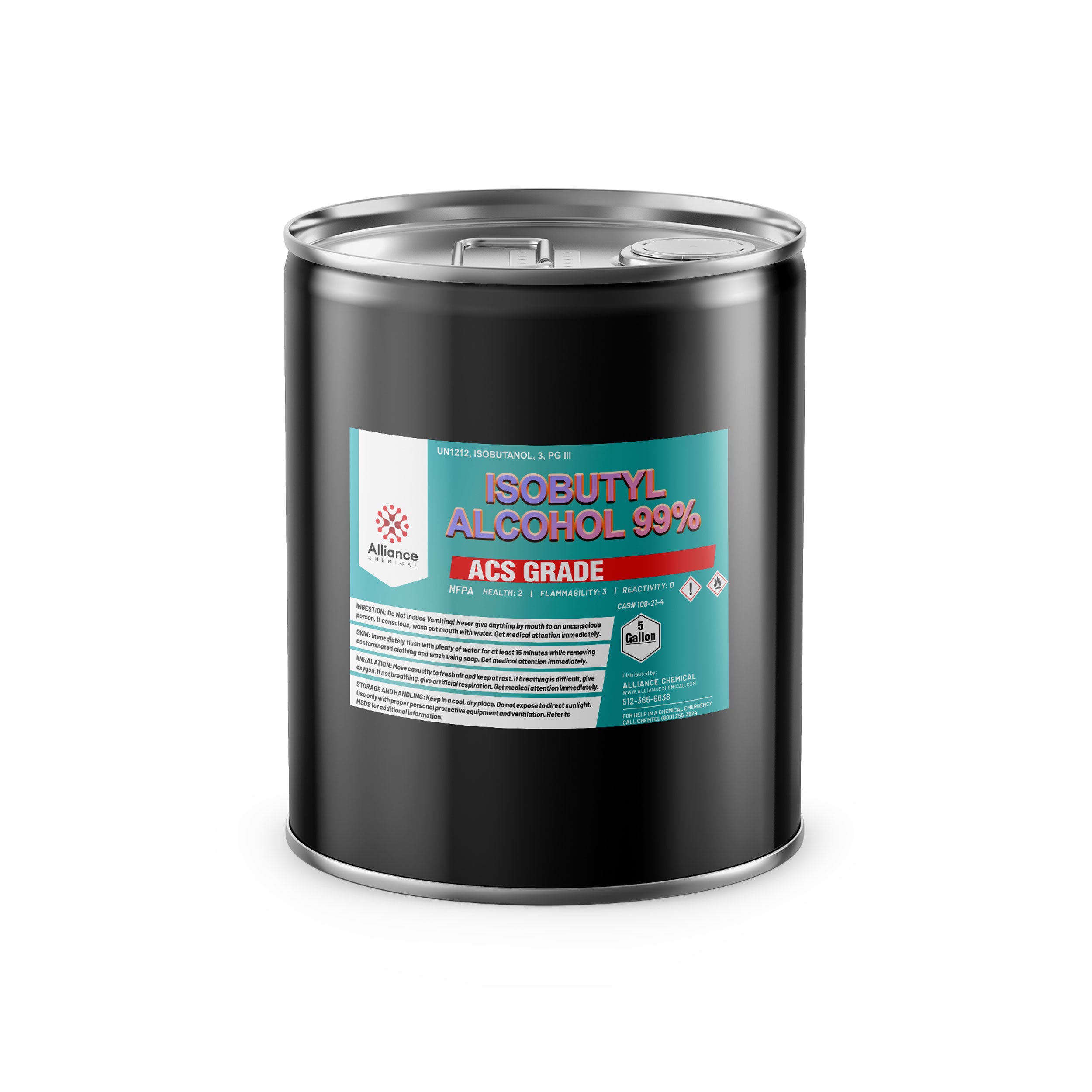 5-gallon black steel drum of Isobutyl Alcohol 99% ACS Grade by Alliance Chemical, featuring NFPA diamond, UN1212 marking, and hazard warnings.